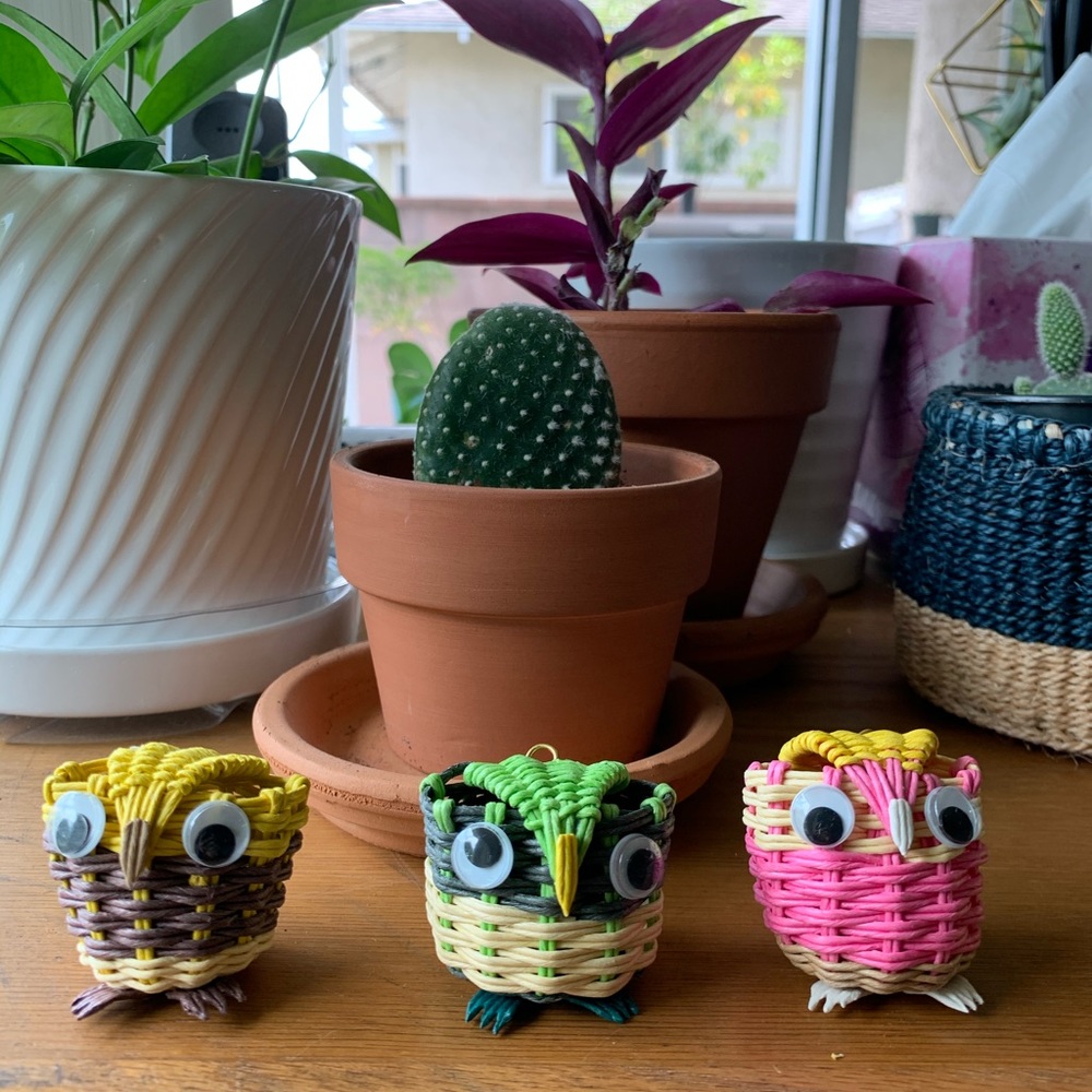 Handwoven Trio Mini Owl Bell Charm